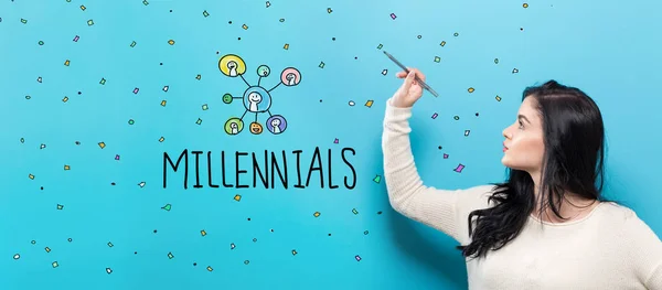 Millennials med ung kvinna håller en penna — Stockfoto