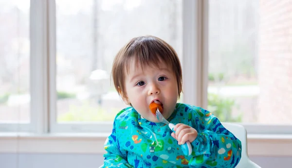 Μικρό παιδί αγόρι τρώει το φαγητό με ένα πιρούνι — Φωτογραφία Αρχείου