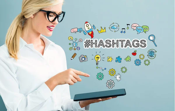 Hashtags texto con mujer de negocios —  Fotos de Stock