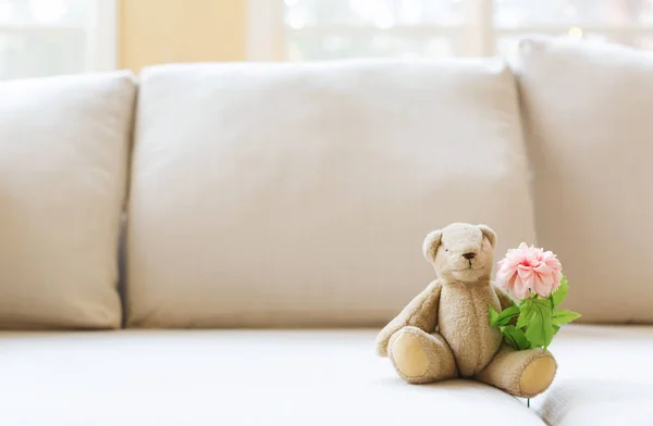 Ένα λουλούδι amd ένα αρκουδάκι σε ένα φωτεινό δωμάτιο εσωτερικό — Φωτογραφία Αρχείου