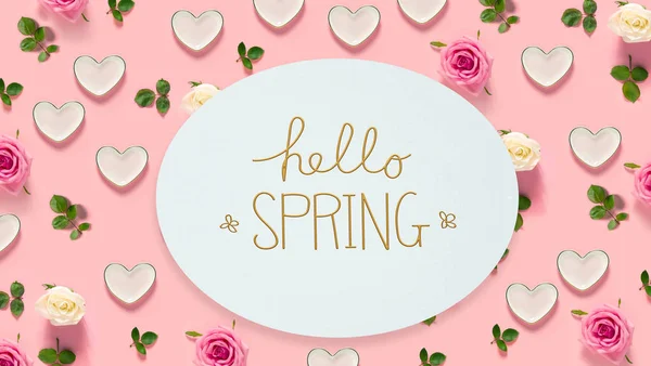 こんにちは春バラやハートのメッセージ — ストック写真