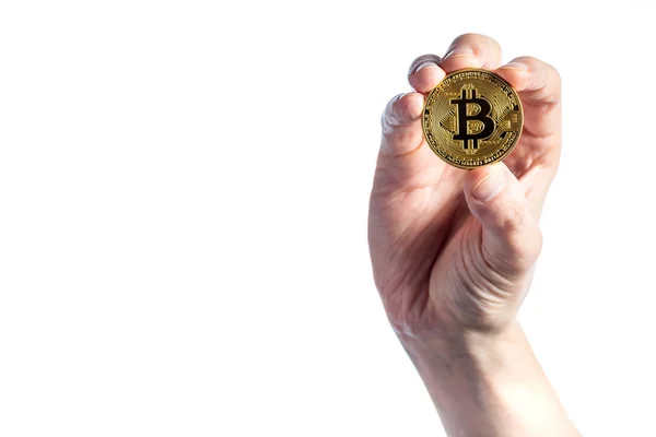 Mann hält Bitcoin auf weißem Hintergrund — Stockfoto