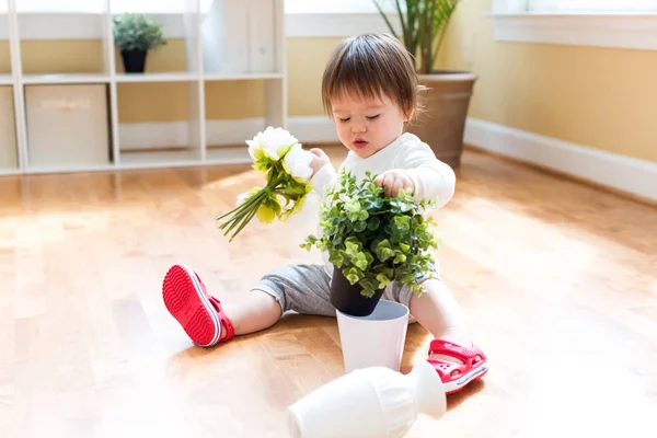 Ευχαρίστως toddler αγόρι παίζει με λουλούδια — Φωτογραφία Αρχείου