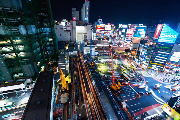 Aerial view of Shibuya, Tokyo, Japan at night