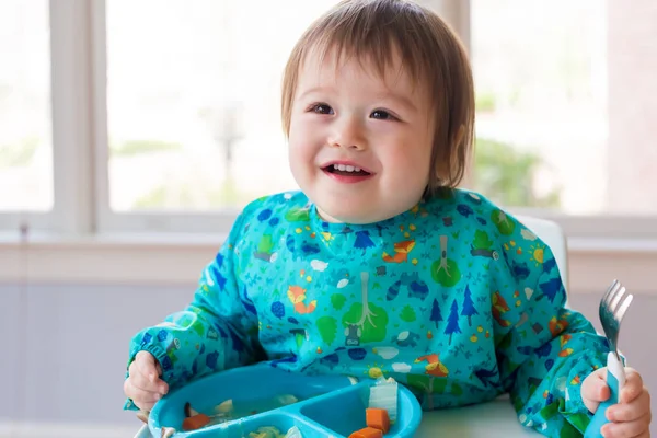 Happy toddler boy eating dinner — Stock Photo, Image