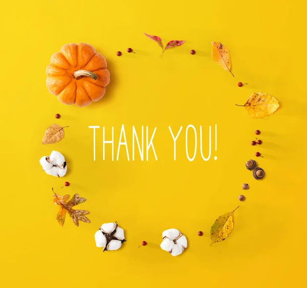 Thank you message with autumn leaves and orange pumpkin — Stock Photo, Image