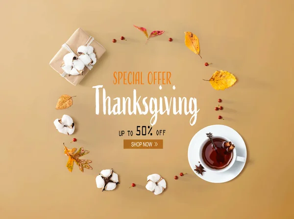 Thanksgiving sale banner with autumn leaves and tea