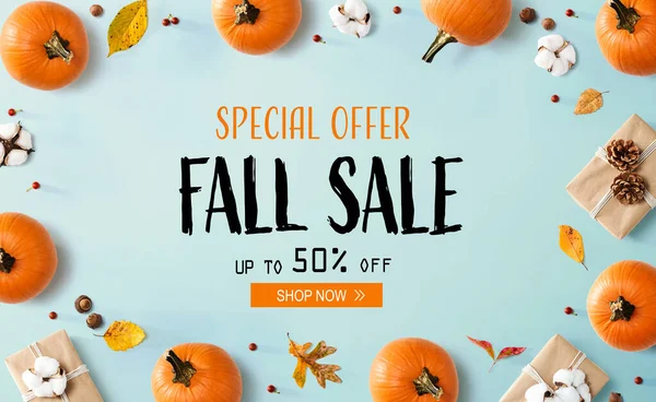 Fall sale banner with autumn pumpkins with present boxes — Stock Photo, Image
