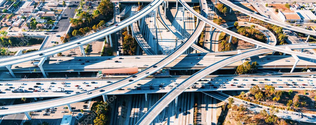 Aerial view of a freeway intersection in Los Angeles