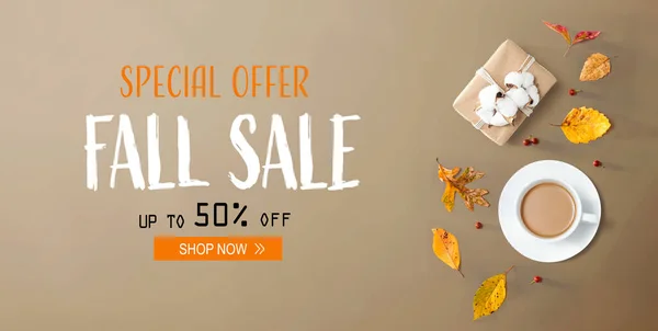 Fall sale banner with autumn theme with coffee