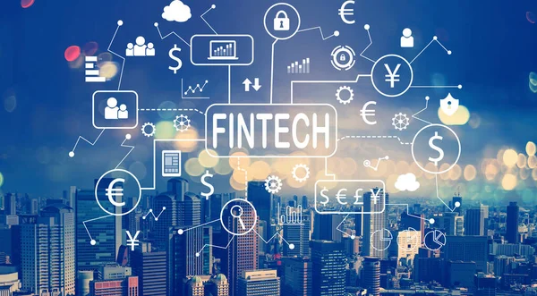 Fintech theme with aerial view of city skylines — Stock Photo, Image