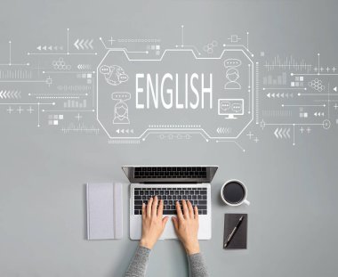 Dizüstü bilgisayar kullanan kişi ile İngilizce kavramı