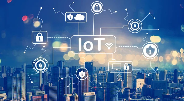 IoT security theme with aerial view of city skylines — Stock Photo, Image