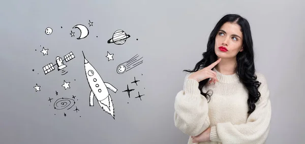 Dröm om rymden och raket med ung kvinna — Stockfoto