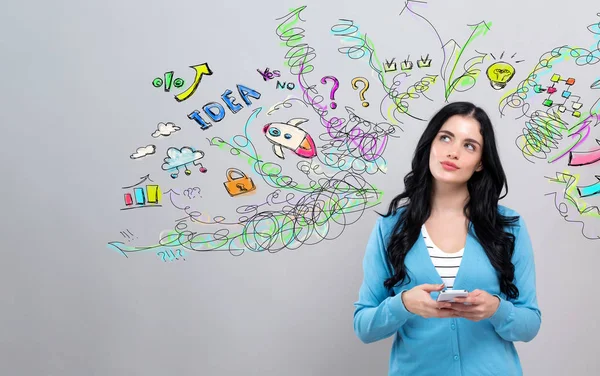 Many thoughts with woman holding a smartphone — Stock Photo, Image