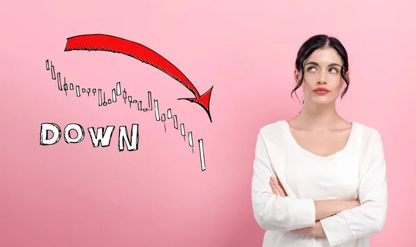 Market down trend chart with young woman