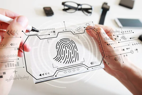 Fingerprint scanning theme with a notebook — Stock Photo, Image