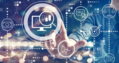 Şehir planında bir adamla hisse senedi ticareti teması