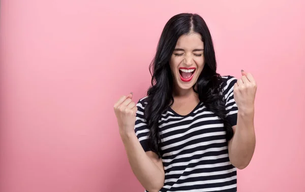 Mujer joven haciendo un gesto yay — Foto de Stock