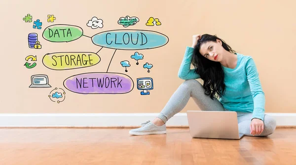 Cloud computing flödesschema med kvinna med hjälp av en bärbar dator — Stockfoto