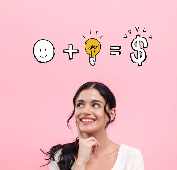 Buena idea es igual a dinero con la mujer joven — Foto de Stock