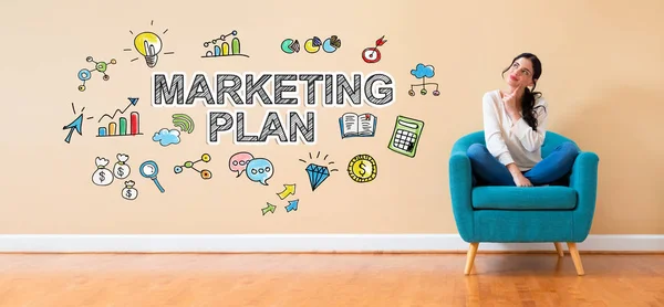 Marketing plan met vrouw in een bedachtzame houding — Stockfoto