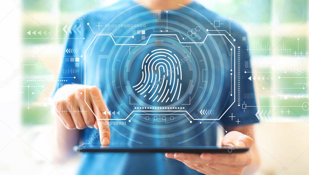 Fingerprint scanning theme with man using a tablet