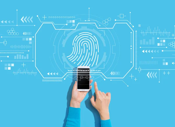 Fingerprint scanning theme with person using a smartphone — Stock Photo, Image