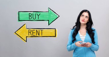 Akıllı telefon tutan bir kadınla konsept al ya da kirala