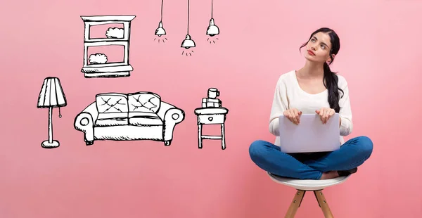 New apartment dream with woman using a laptop — Stock Photo, Image