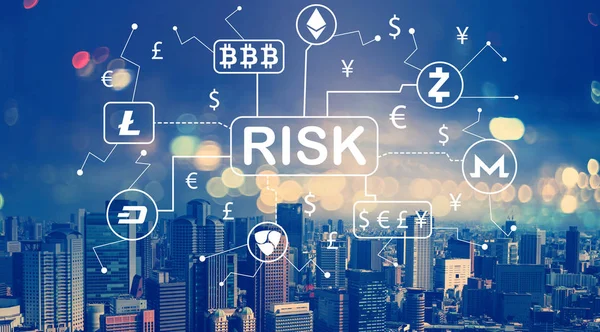 Cryptocurrency risk theme with aerial view of city skylines — 스톡 사진