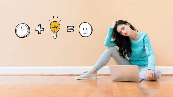 Time plus idea equals happy with woman using a laptop — 스톡 사진