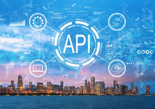 API - application programming interface concept API concept with downtown Chicago — ストック写真