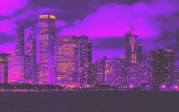 Downtown Chicago stadsgezicht skyline 's nachts 1980 retro stijl — Stockfoto