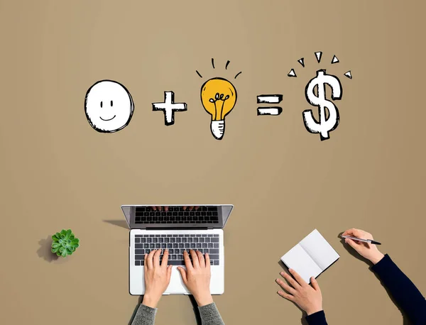 Goed idee staat gelijk aan geld met mensen die samenwerken. — Stockfoto