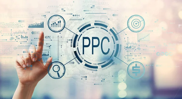 PPC - Betaal per klik concept met de hand op een knop drukken — Stockfoto