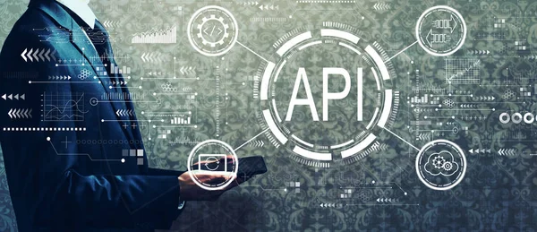 API conceito de interface de programação de aplicativos API conceito com empresário segurando um tablet — Fotografia de Stock