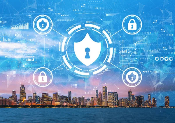 Tema de segurança cibernética com o centro de Chicago — Fotografia de Stock