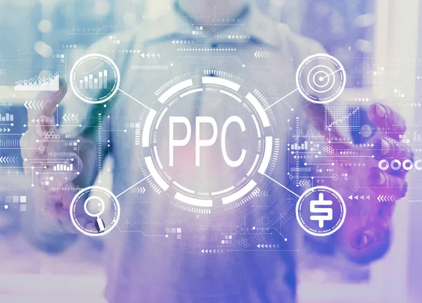 PPC - Pay per click concept met jonge man — Stockfoto