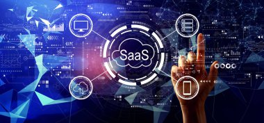 SaaS - software as a service concept with hand pressing a button clipart