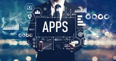 Apps with businessman holding a tablet