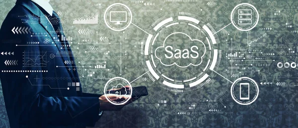 SaaS - software as a service concept with businessman holding a tablet