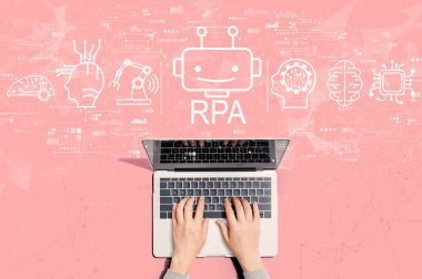 Bilgisayarı kullanan kişiyle robot işlem otomasyon kavramı