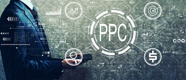 PPC - concetto Pay per click con uomo d'affari in possesso di un tablet — Foto Stock
