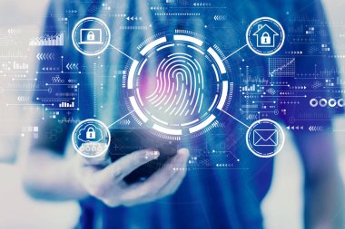 Akıllı telefon kullanan bir adamla parmak izi tarama temasıName