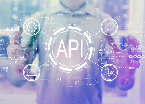 API - concepto de interfaz de programación de aplicaciones API concepto con el hombre joven —  Fotos de Stock