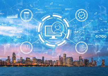 Document management system concept with downtown Chicago
