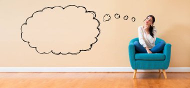 Blank speech bubble with woman in a thoughtful pose