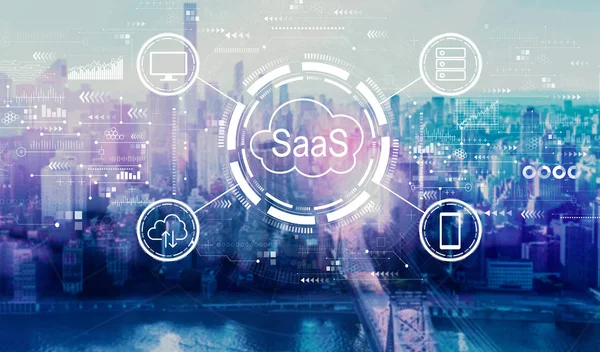 Saas -软件作为一种服务概念与纽约市的天际线 — 图库照片