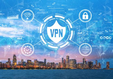 VPN concept with downtown Chicago